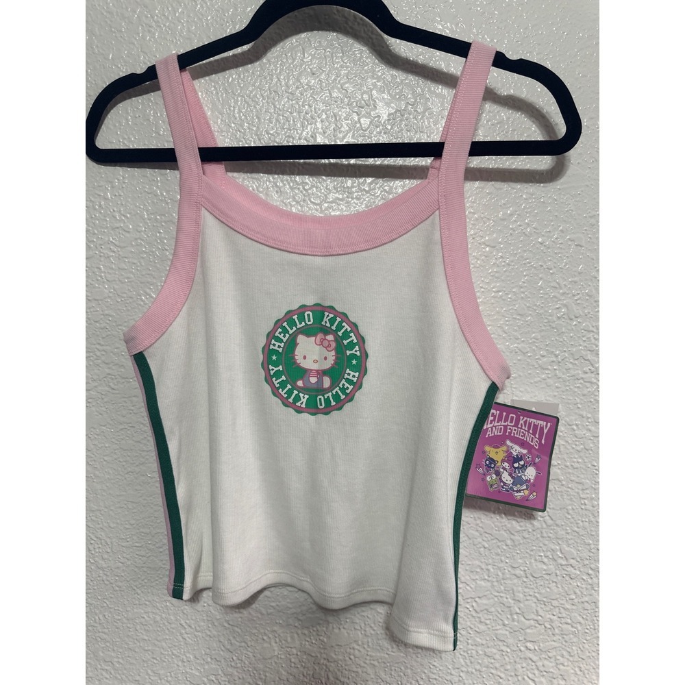 Hello Kitty By Sanrio White Pink Green Trim Cropped Tank Top Juniors L